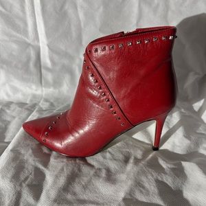 Marc Fisher Size 6.5 Friva Booties Red Leather Zip Studs Heel 3” Pointed Toe